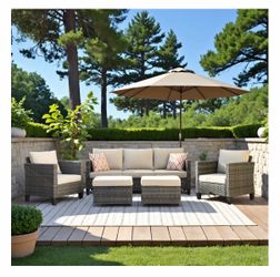 Ovios New Vultros 5 -Piece Rattan Patio Conversation Set with Beige Cushions Included