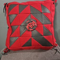 Handmade Wool and Leather Red and Black Decorative Pillow with Rose Design