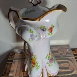 VINTAGE HAND PAINTED - SIGNED PORCELAIN CHOCOLATE POT / PITCHER 10"×6"