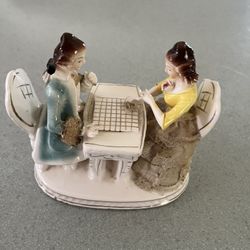 4” Antique Porcelain Figurine – Men And Lace Trimmed Woman Sitting At Table