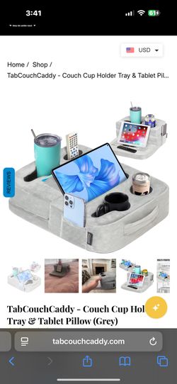 TabCouchCaddy - Couch Cup Holder Tray & Tablet Pillow (Grey)