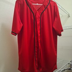 Red Baseball Jersey Shirt Size Medium But Fits Large Button Up 