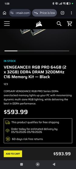 Corsair Vengeance RGB Pro 64GB (2x32GB) DDR4 3200 (PC4-25600) C16 Desktop Memory–Black (CMW64GX4M2E3200C16)