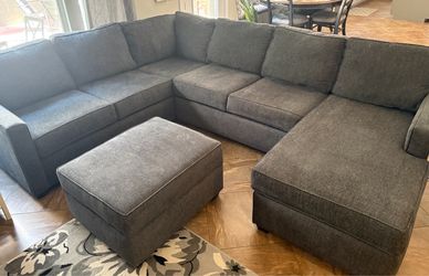 U Shape Sectional Sofa, Grey Fabric, Chaise and Ottoman, Near New!