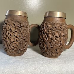 2 Different Vintage Hand Carved Wooden Beer Wine Mug Brass Insert Stein Canister