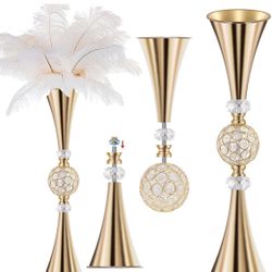 VIJIV Gold Crystal Flower Vases for Centerpieces Tables - Tall Trumpet Vase for Bouquet Decorative, Dining Table Décor Flower Stand (1pc) 