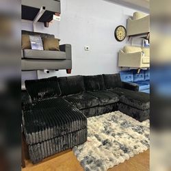 Black Sectional sofa with Double chaise Jumbo corduroy fabric couch