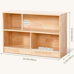 OOOK Rubber Wood 3-Compartment Wooden Storage Cabinet, 35.4" L, 2-Tier Toy Organizers and Storage, Montessori Shelf for Kids Room, Playroom, Nursery, 