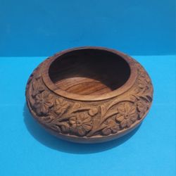Handmade Wooden Carved Floral Decorative Bowl Home Decor 5".