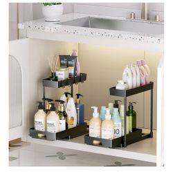 2 Pack Under Sink Organizers and Storage, 2 Tier Pull Out Bathroom Cabinet Organizer, L-Shape Black Under Bathroom Kitchen Sink Organizer with Drawer