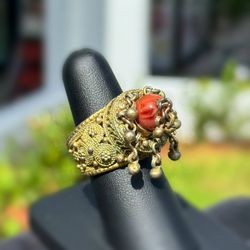 Vintage Jewelry .925 sterling silver coral 1.00CTW Chinese Gilt Inlay Ring size 9.00