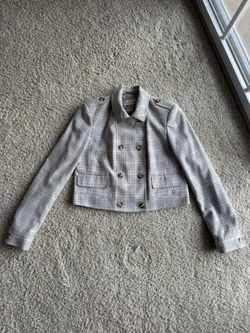 Calvin Klein Cropped Double-Breasted Plaid Jacket, Size 6