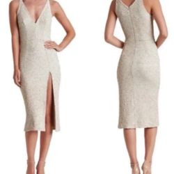 Women’s Dress the Population Cream sequins midi dress with V-neckline, split detail and open back size XS
