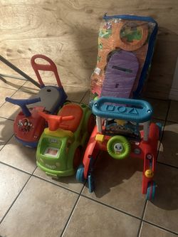 walker , ball pit and ride on toy