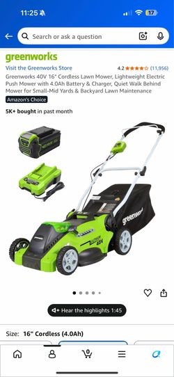 Greenworks 40V Cordless Electric Lawn Mower – Battery & Charger Included