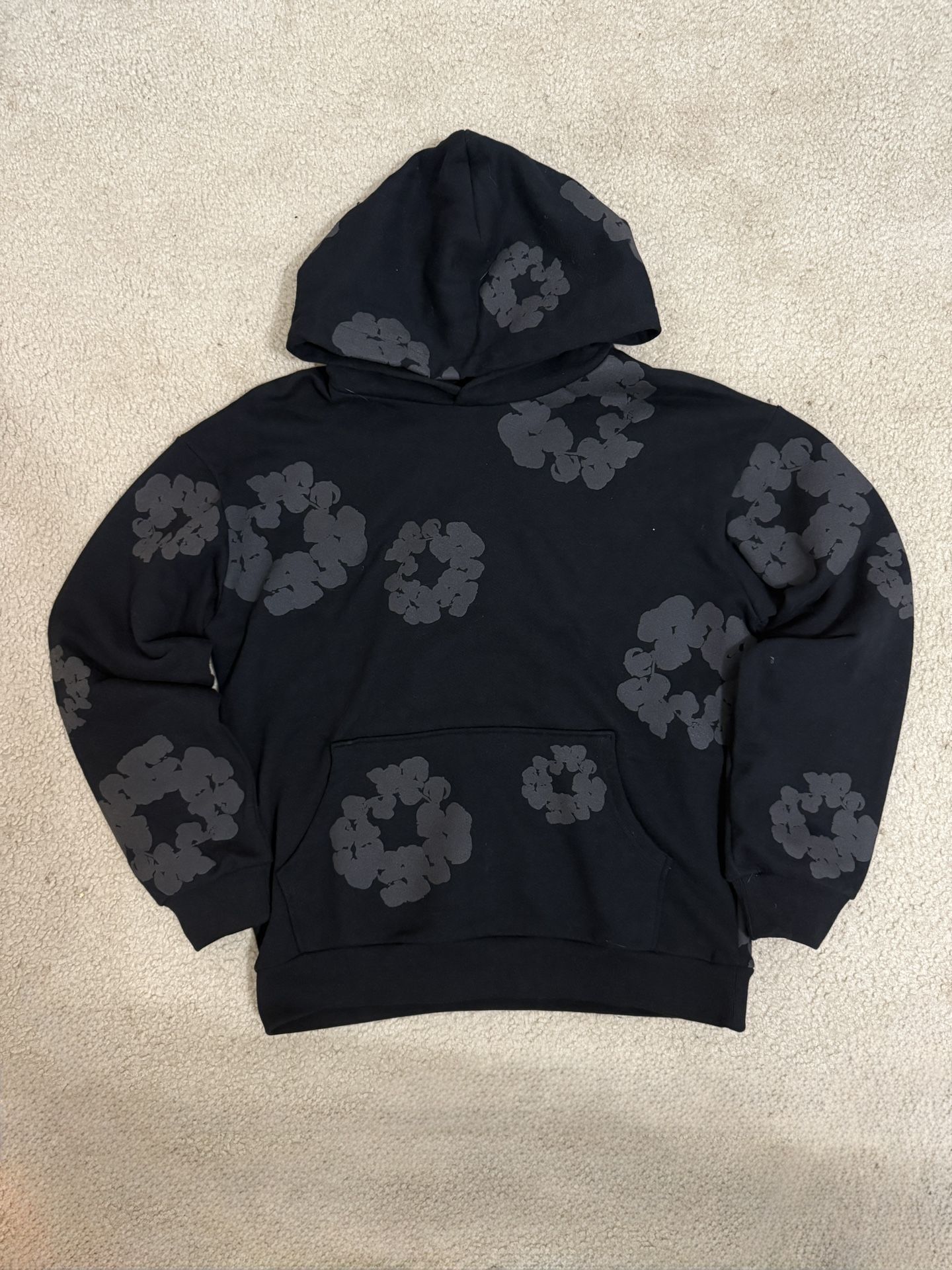 Denim Tears Hoodie | Black With Grey Flowers | Size Medium