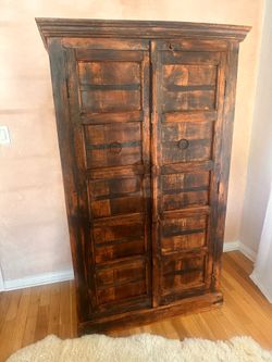 Rustic Primitive Indian Cabinet / Armoire - Solid Wood + Iron Details