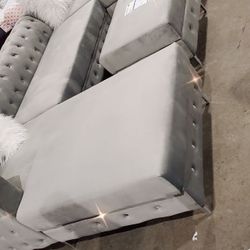 Grey Velvet Double Chaise Sectional With Ottoman Brand New In Box Fur Pillows Included  Chrome Legs Deep Button Tuft Firm Price $2,260