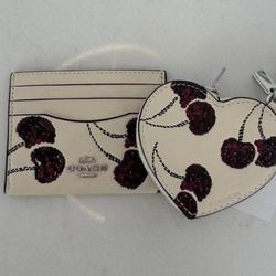 Coach Slim ID Card Case with Cherry Print &  Coach Heart coin Bag purse With Cherry Print