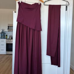 Maroon Strapless Dress w/ Thigh Slit & Scarf