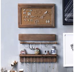 NEW! Wall Jewelry Organizer,Wall Mounted Mesh Jewelry Holder,Wall-Mounted Wooden Jewelry Organizer for Necklaces Earings Bracelets Ring Holder with R