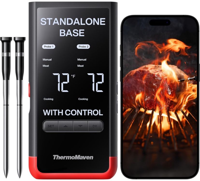Wireless Bluetooth Smart Meat Thermometer: Standalone Base, WiFi Unlimited Range, 6 Sensors with NIST Certified Accuracy, 2 Probes, for BBQ, Grill, Ov