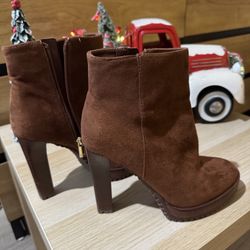 JLo Brown Suede Ankle Boots with Heel – Size 8