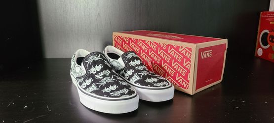 $50 "Forgotten Bones" Black & White Vans Slip On, Size 8