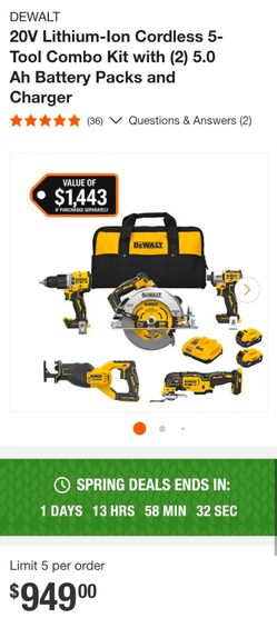 Dewalt XR 5 tool combo with 2 batteries 5AH and fast charger
