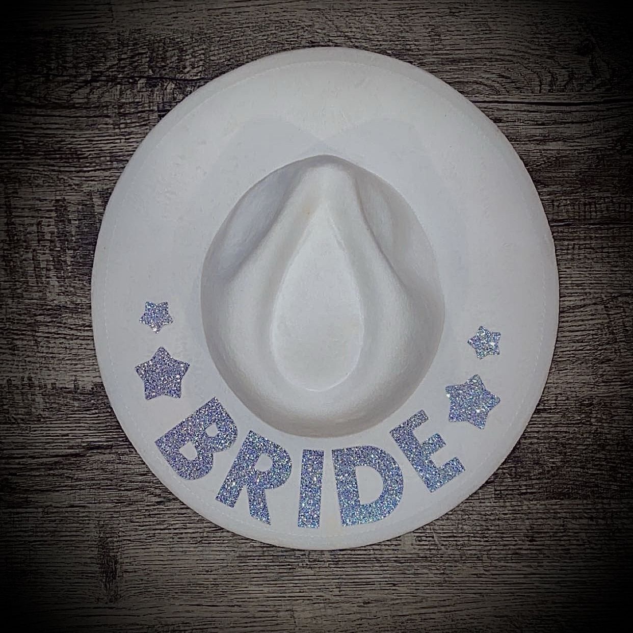 White Bride Cowboy Hat with Silver Glitter Stars