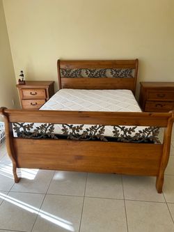 Wood Sleigh Bed Frame with Metal Leaf Detail
