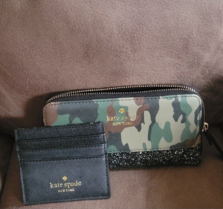 Kate Spade Camo Print and Black Glitter Wallet with Matching Cardholder