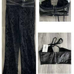 NEW Sister Party Black Velvet and Leather Women's Pants & Top Jumpsuit Set Small