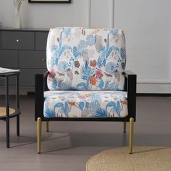 #A68 Blue Floral Retro Velvet Accent Armchair with Gold Legs & Rubberwood Frame, Scratch Resistant, Plush Padded Seat, Mid-Century Modern Lounge Chair