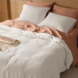 Double Stitch Cotton Tencel Duvet Cover King - Striped Textured King Size Duvet Cover Set, Ultra Soft & Breathable Bedding Set, Button Closure,