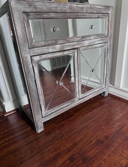 Mirror/weathered wood chest and night stand