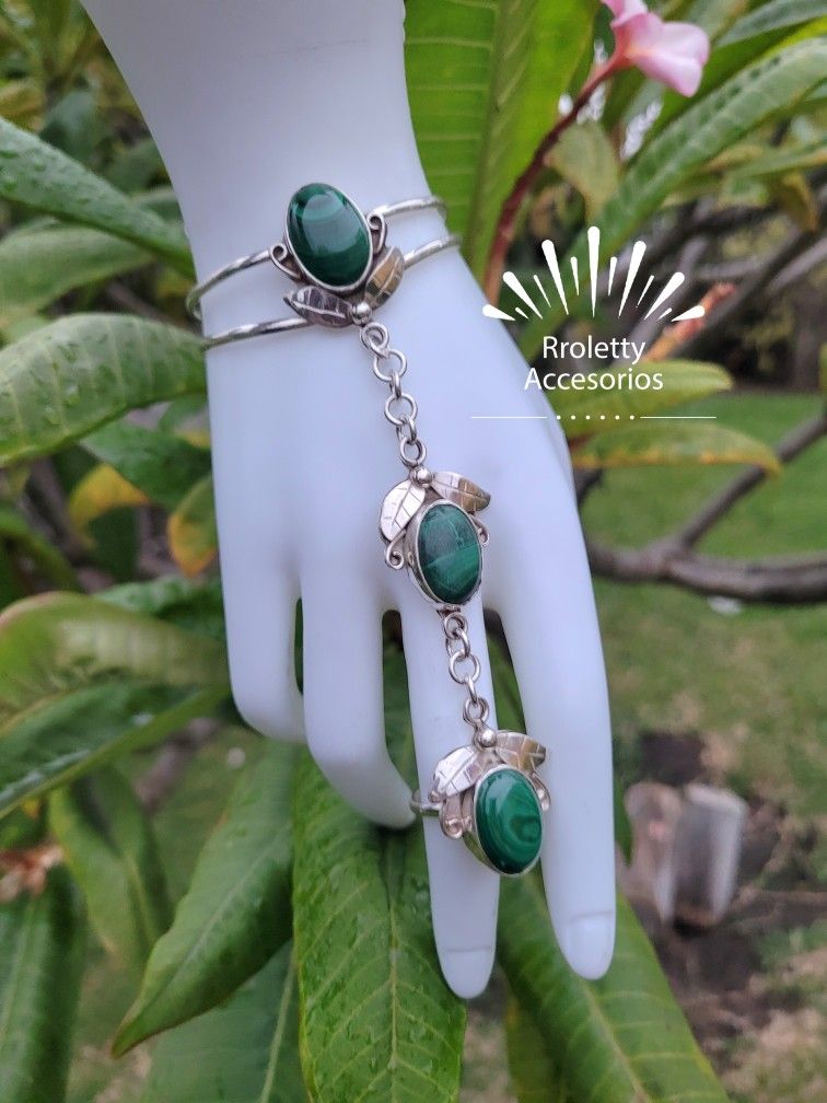 Sterling Silver 925 Bracelet & Ring With Malachite Stone