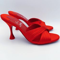 NEW Christian Louboutin NICOLE IS BACK 85 Crepe Silk Mules Red Sandals Heels Shoes sz35.5 MSRP $795
