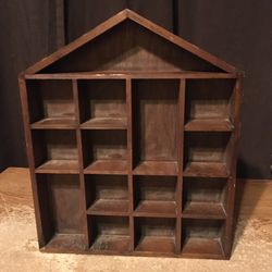 Brown wood wall shelf shadow box house shaped 14.5 in x 12 in by 1.5 in