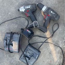 PORTER CABLE with 2 drills, 2 chargers, and 1 battery.