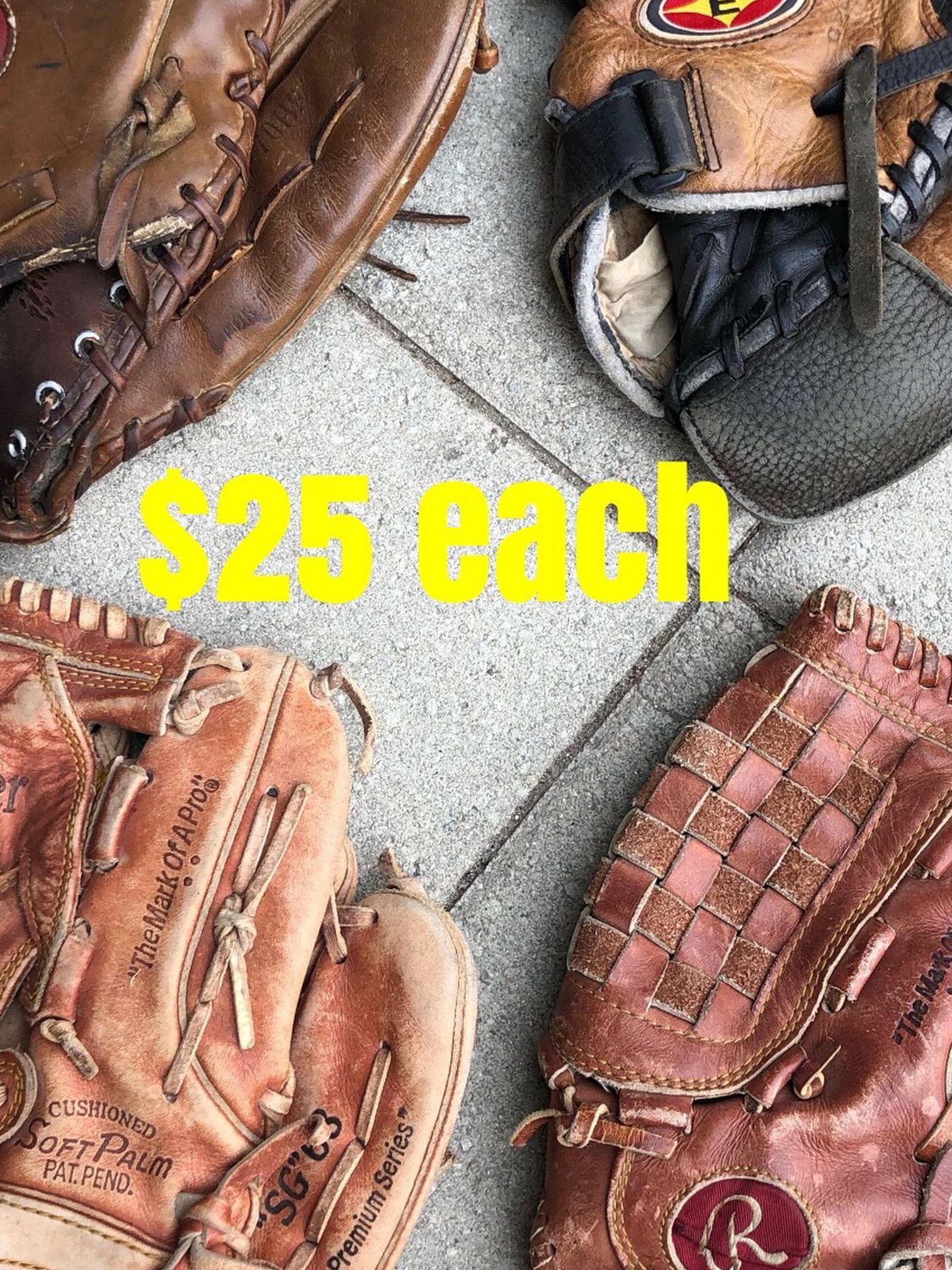 Softball gloves $25 each equipment Rawlings easton bat