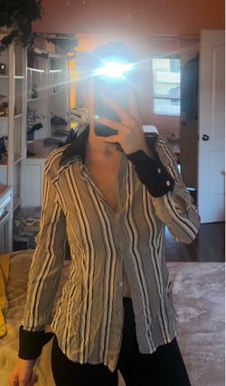 Bebe Grey & White Vertical Stripe Blouse