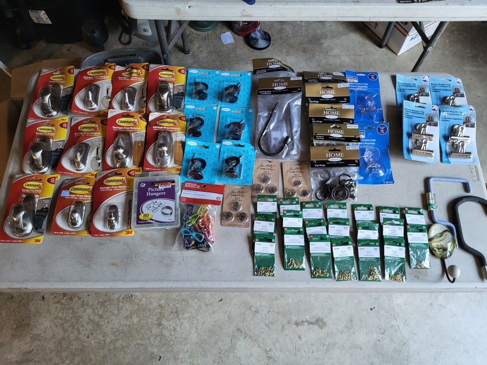 Assorted Hardware, Hooks, Hangers, Screwdrivers Eyes, Magnetic Clips, Clip Rings, Holdbacks, Suction Cups