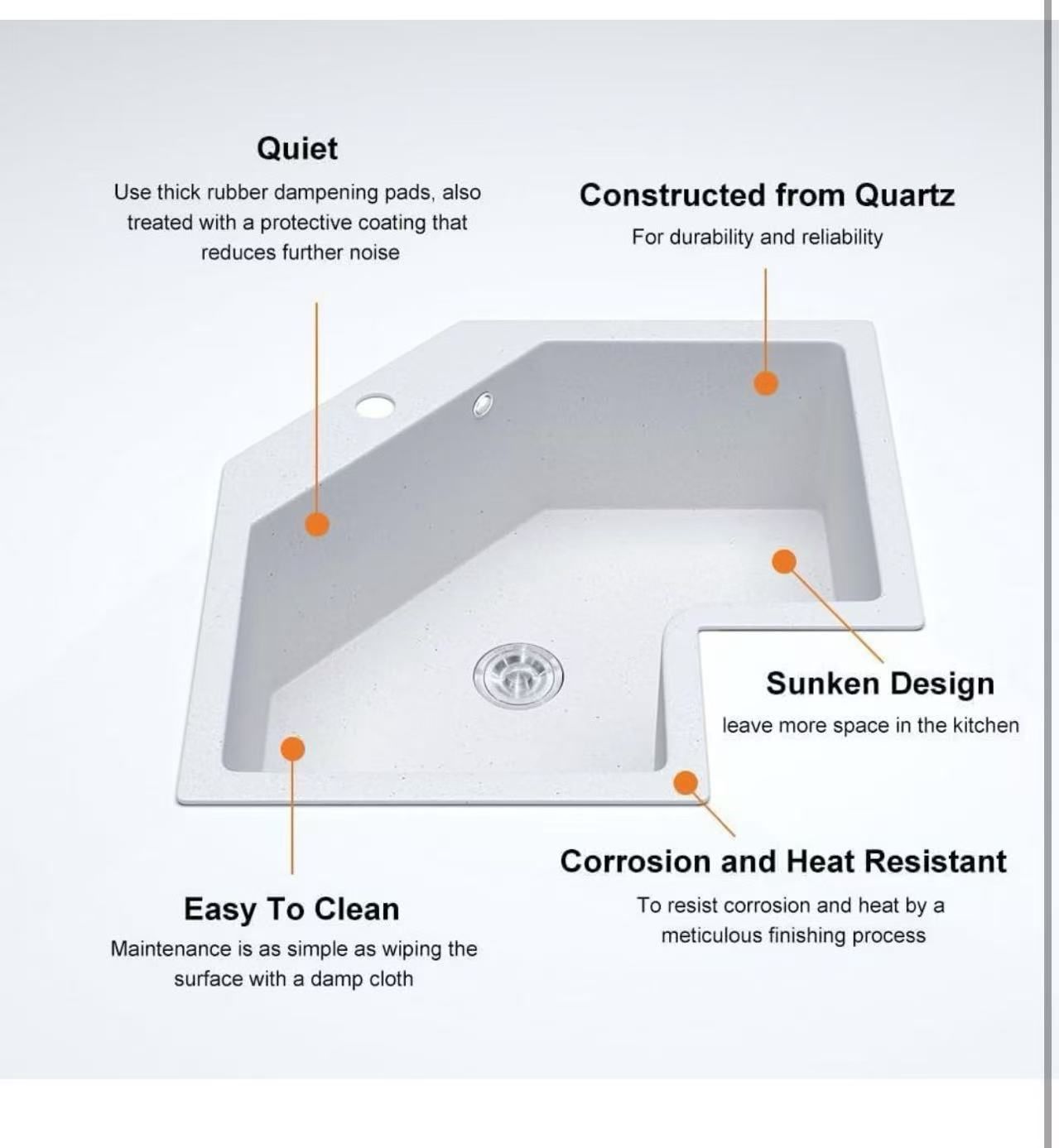 26.77-Inch White Undermount Corner Kitchen Sink – Irregular Quartz Single Bowl Sink with Advanced Noise Reduction for Modern Kitchens, White Quartz Sp