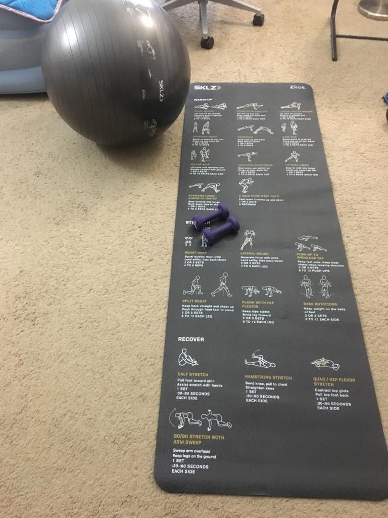 Yoga mat, exercise ball, 2 lb dumbbells