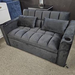 Sofa Adjustable Bed Black Velvet With 2 Pillows