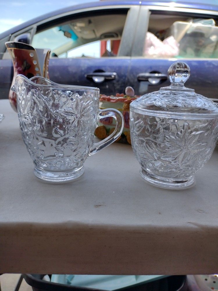 PRINCESS HOUSE FANTASIA CLEAR GLASS SUGAR BOWL WITH LID CREAM CREAMER SET