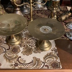 Set Of Two Brass Pillar Candle Holders 