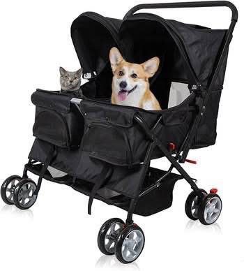 New Pet Stroller Twin Folding Dog Cat Carrier Travel Cart, Black