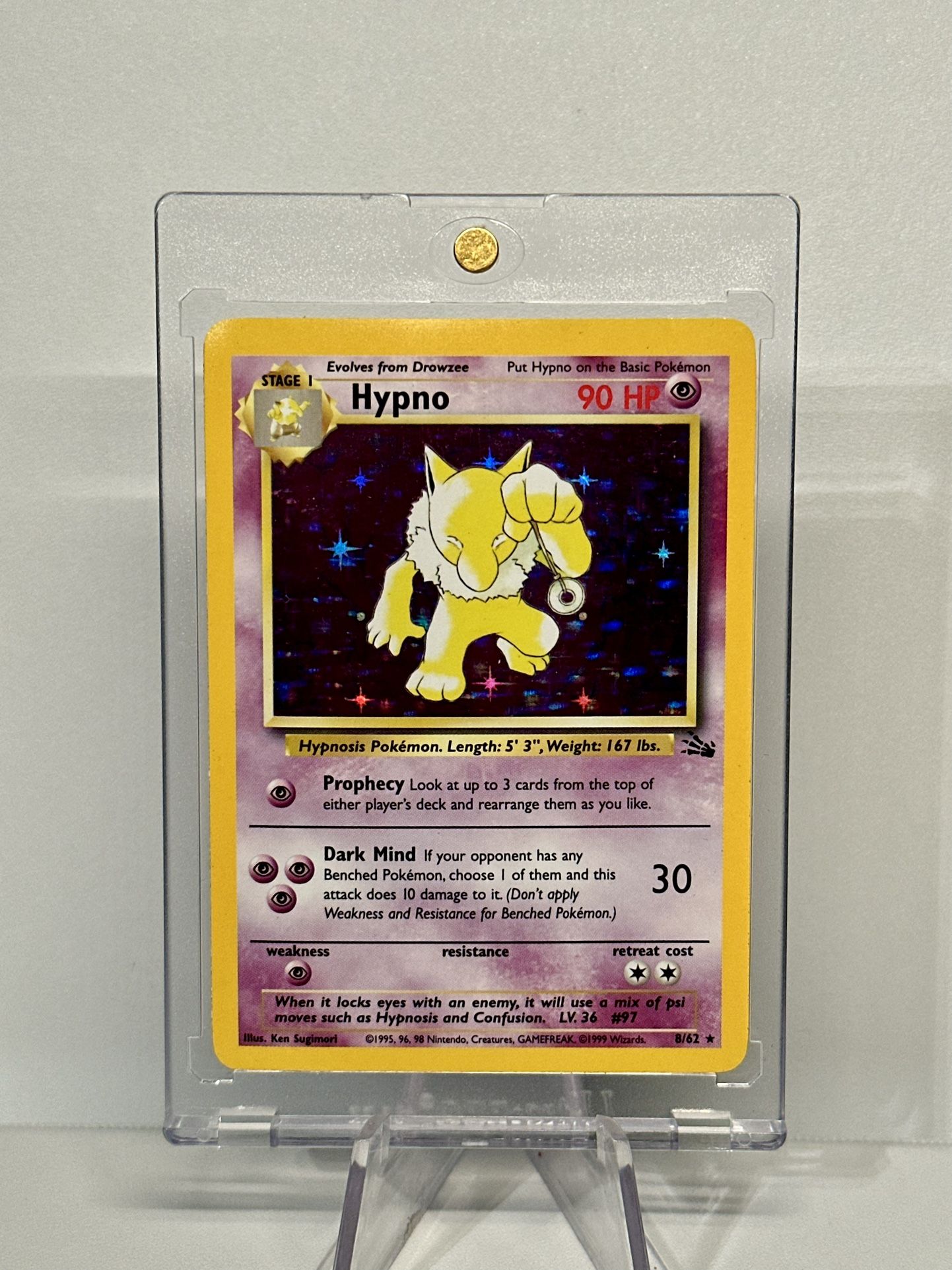 1999 hypno pokemon card 1999 POKEMON TCG HYPNO HOLO FOSSIL CARD #8/62 EXCELLENT CONDITION *INK ERROR*
